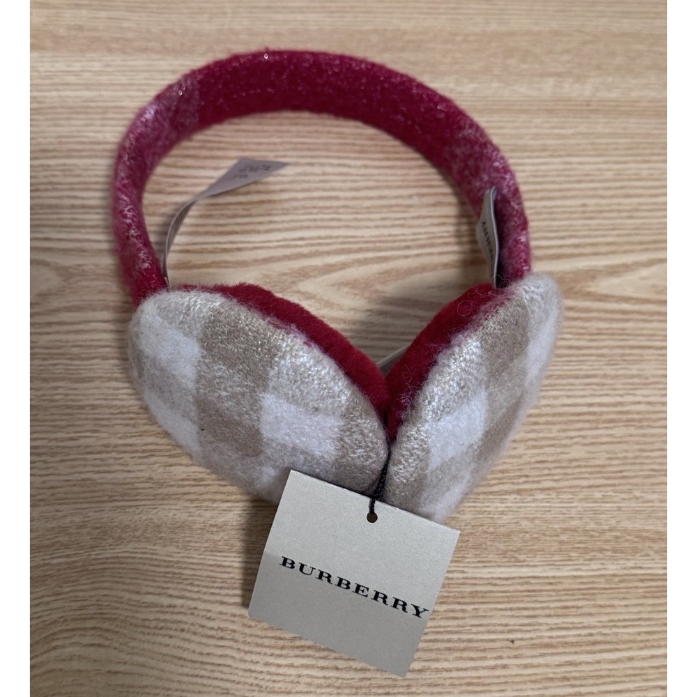 Burberry Cozy Cashmere Nova Check Cream Red Plaid Unisex Earmuffs NWT